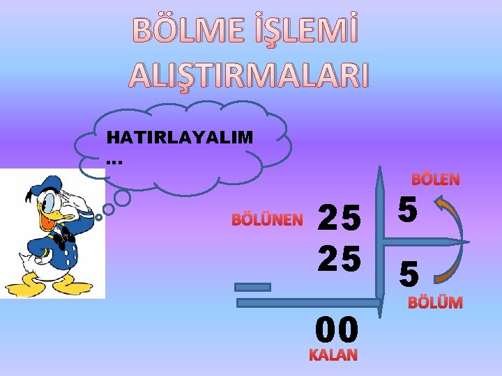 BÖLME İŞLEMİ ALIŞTIRMALARI HATIRLAYALIM … BÖLÜNEN BÖLEN 25 5 00 KALAN BÖLÜM 