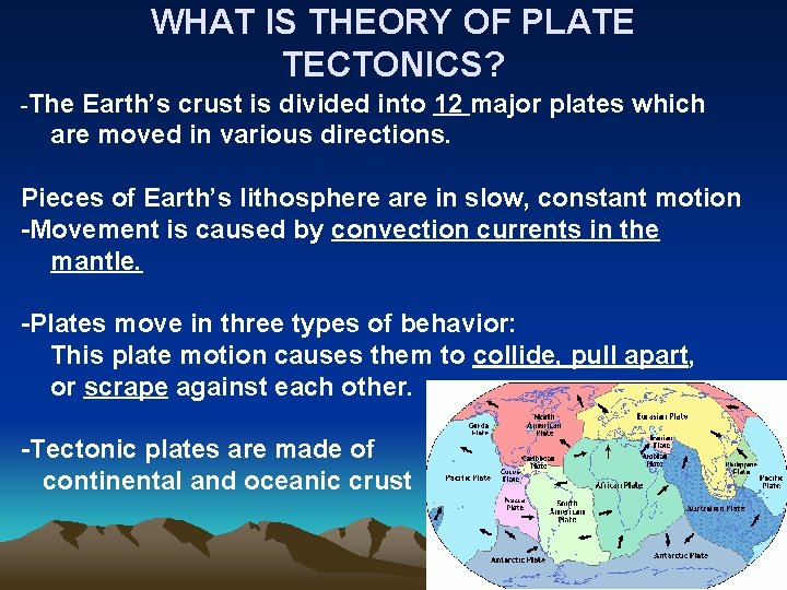 WHAT IS THEORY OF PLATE TECTONICS? -The Earth’s crust is divided into 12 major
