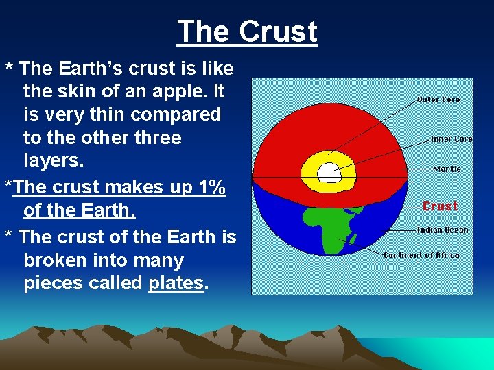The Crust * The Earth’s crust is like the skin of an apple. It