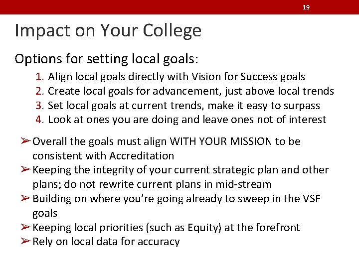 19 Impact on Your College Options for setting local goals: 1. Align local goals