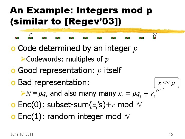 An Example: Integers mod p (similar to [Regev’ 03]) p N o Code determined