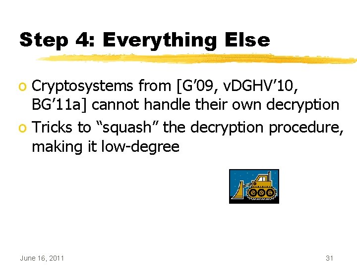Step 4: Everything Else o Cryptosystems from [G’ 09, v. DGHV’ 10, BG’ 11