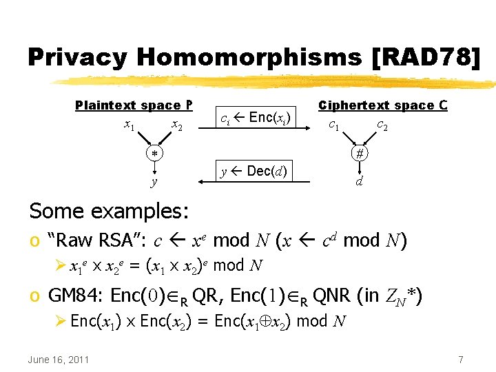 Privacy Homomorphisms [RAD 78] Plaintext space P x 1 x 2 ci Enc(xi) Ciphertext