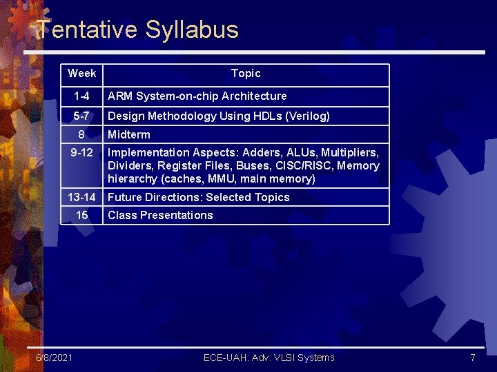 Tentative Syllabus Week Topic 1 -4 ARM System-on-chip Architecture 5 -7 Design Methodology Using