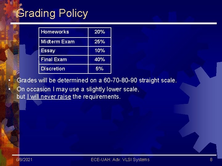Grading Policy Homeworks 20% Midterm Exam 25% Essay 10% Final Exam 40% Discretion 5%