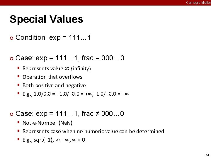 Carnegie Mellon Special Values ¢ ¢ Condition: exp = 111… 1 Case: exp =