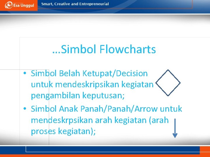 …Simbol Flowcharts • Simbol Belah Ketupat/Decision untuk mendeskripsikan kegiatan pengambilan keputusan; • Simbol Anak