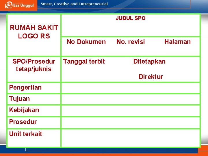 JUDUL SPO RUMAH SAKIT LOGO RS SPO/Prosedur tetap/juknis No Dokumen Tanggal terbit No. revisi