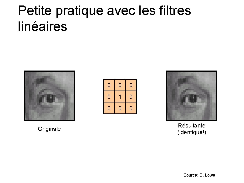 Petite pratique avec les filtres linéaires Originale 0 0 1 0 0 Résultante (identique!)