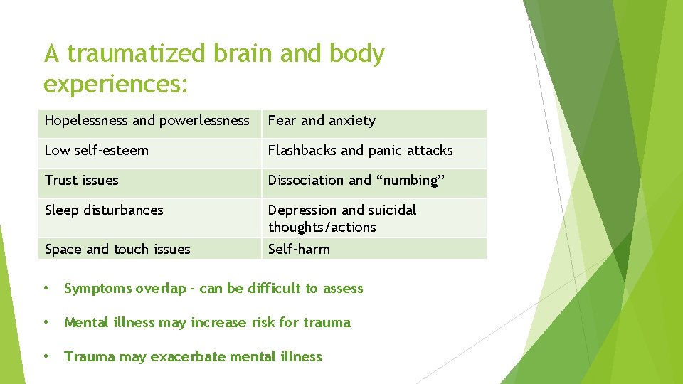 A traumatized brain and body experiences: Hopelessness and powerlessness Fear and anxiety Low self-esteem