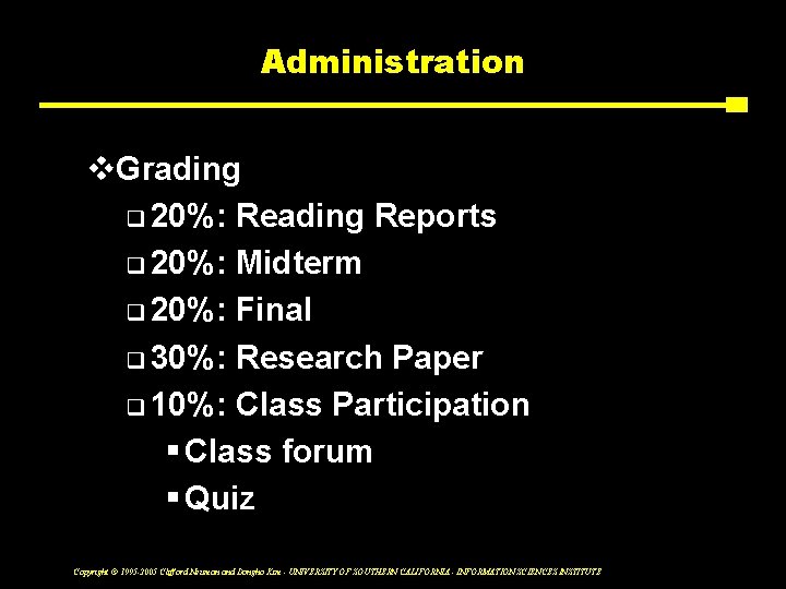 Administration v. Grading q 20%: Reading Reports q 20%: Midterm q 20%: Final q