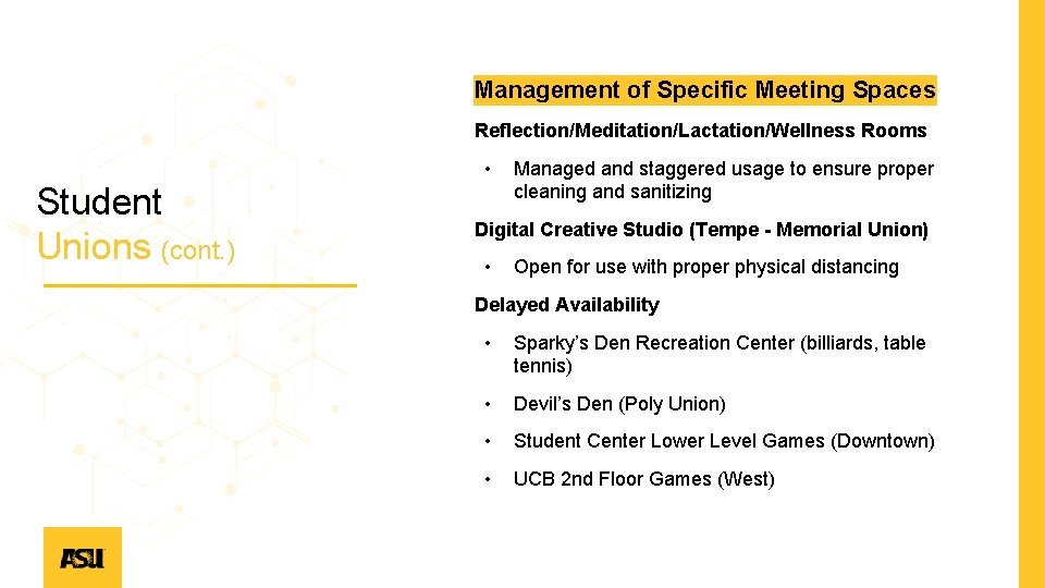 Management of Specific Meeting Spaces Reflection/Meditation/Lactation/Wellness Rooms • Student Unions (cont. ) Managed and