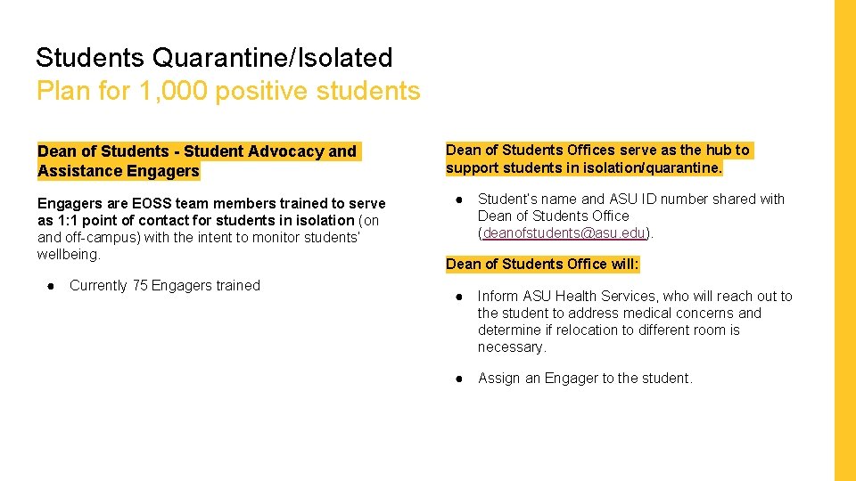 Students Quarantine/Isolated Plan for 1, 000 positive students Dean of Students - Student Advocacy