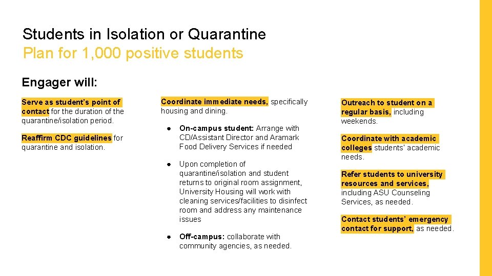 Students in Isolation or Quarantine Plan for 1, 000 positive students Engager will: Serve