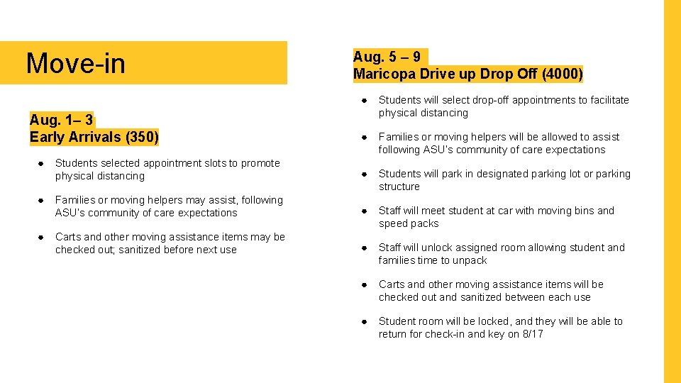 Move-in Aug. 1– 3 Early Arrivals (350) Aug. 5 – 9 Maricopa Drive up