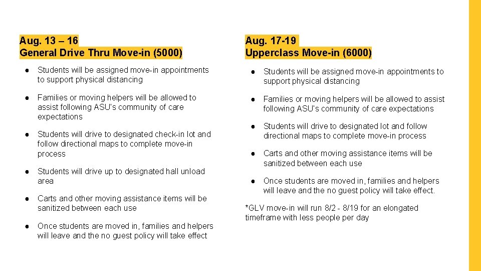 Aug. 13 – 16 General Drive Thru Move-in (5000) Aug. 17 -19 Upperclass Move-in