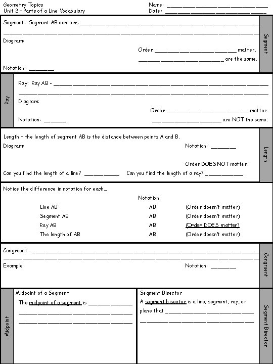 Geometry Topics Unit 2 Parts of a Line