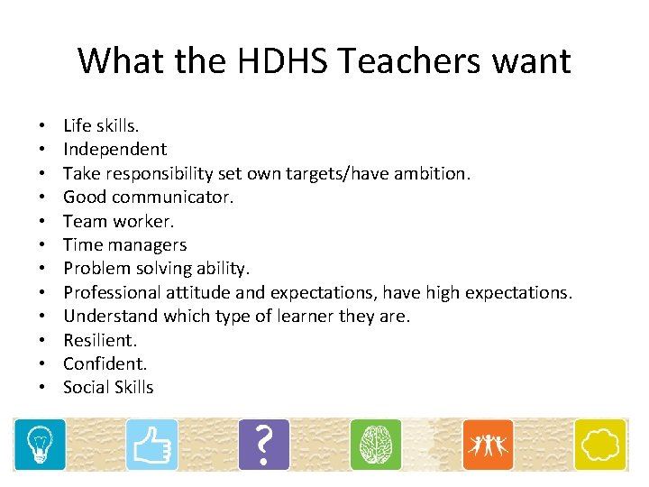 What the HDHS Teachers want • • • Life skills. Independent Take responsibility set