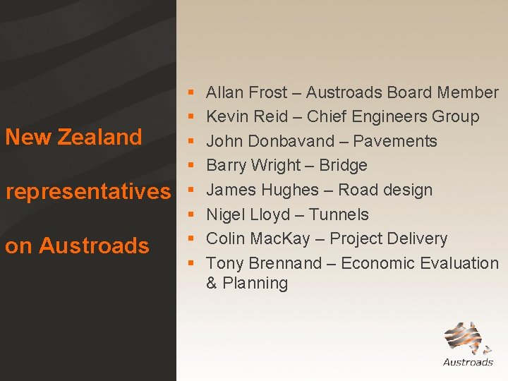 New Zealand representatives on Austroads § § § § Allan Frost – Austroads Board New Zealand representatives on Austroads § § § § Allan Frost – Austroads Board