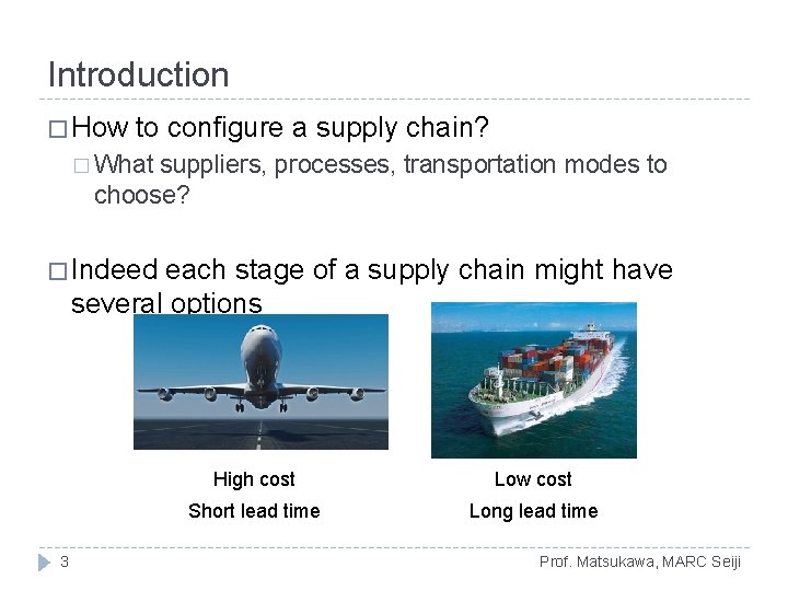 Introduction � How to configure a supply chain? � What suppliers, processes, transportation modes Introduction � How to configure a supply chain? � What suppliers, processes, transportation modes