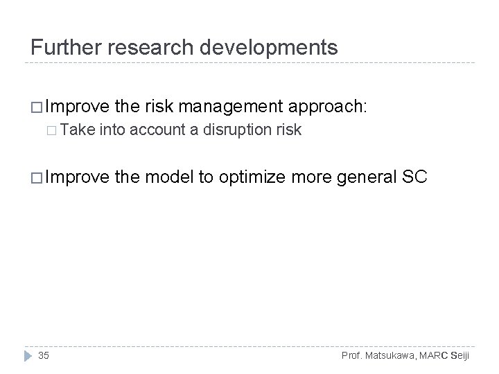 Further research developments � Improve � Take into account a disruption risk � Improve Further research developments � Improve � Take into account a disruption risk � Improve