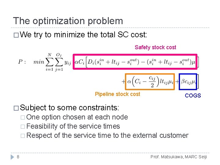 The optimization problem � We try to minimize the total SC cost: Safety stock The optimization problem � We try to minimize the total SC cost: Safety stock