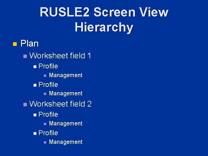 RUSLE 2 Screen View Hierarchy n Plan n Worksheet field 1 n Profile n