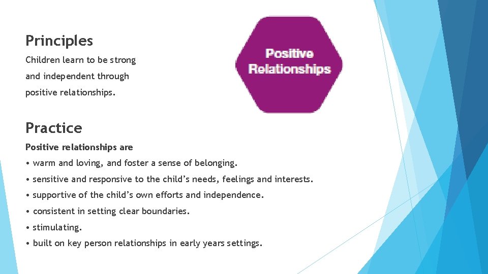 Principles Children learn to be strong and independent through positive relationships. Practice Positive relationships