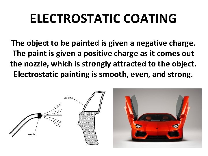 ELECTROSTATIC COATING The object to be painted is given a negative charge. The paint