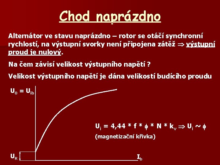 Chod naprázdno Alternátor ve stavu naprázdno – rotor se otáčí synchronní rychlostí, na výstupní