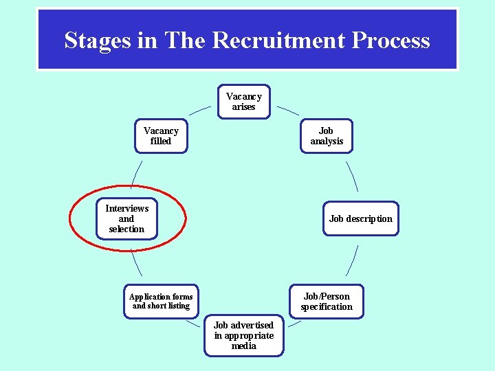 Stages in The Recruitment Process Vacancy arises Vacancy filled Job analysis Interviews and selection