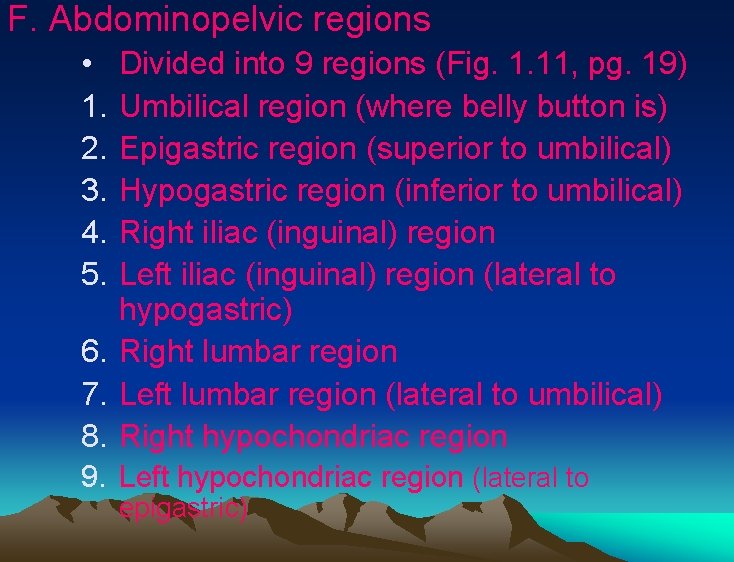 F. Abdominopelvic regions • 1. 2. 3. 4. 5. Divided into 9 regions (Fig. F. Abdominopelvic regions • 1. 2. 3. 4. 5. Divided into 9 regions (Fig.