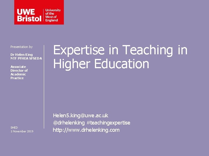 Presentation by Dr Helen King NTF PFHEA SFSEDA Associate Director of Academic Practice SHED