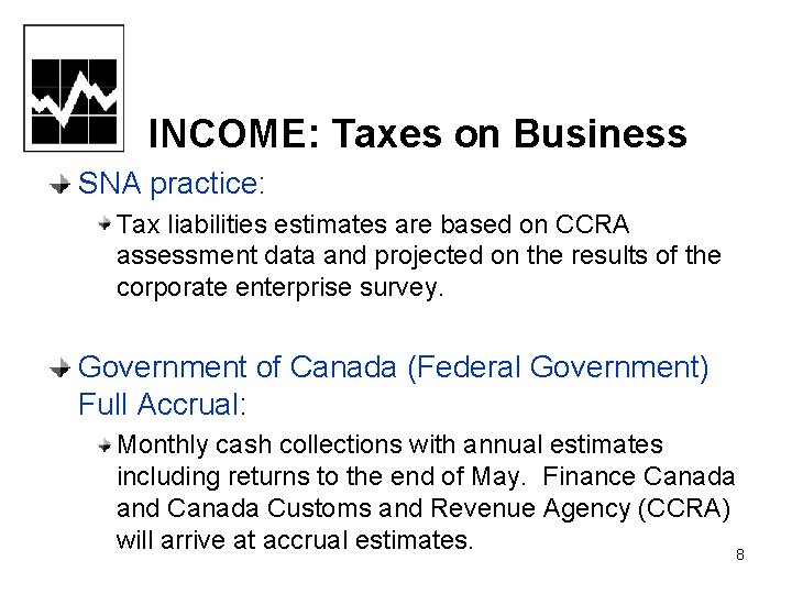 INCOME: Taxes on Business SNA practice: Tax liabilities estimates are based on CCRA assessment