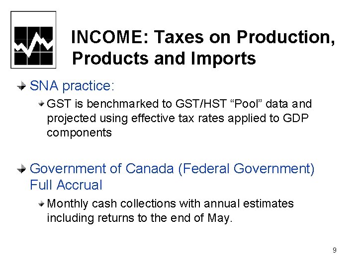 INCOME: Taxes on Production, Products and Imports SNA practice: GST is benchmarked to GST/HST