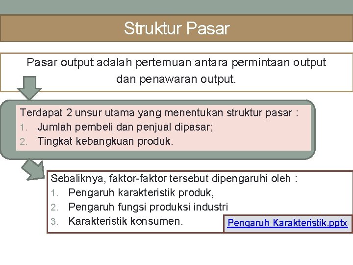 Struktur Pasar output adalah pertemuan antara permintaan output dan penawaran output. Terdapat 2 unsur