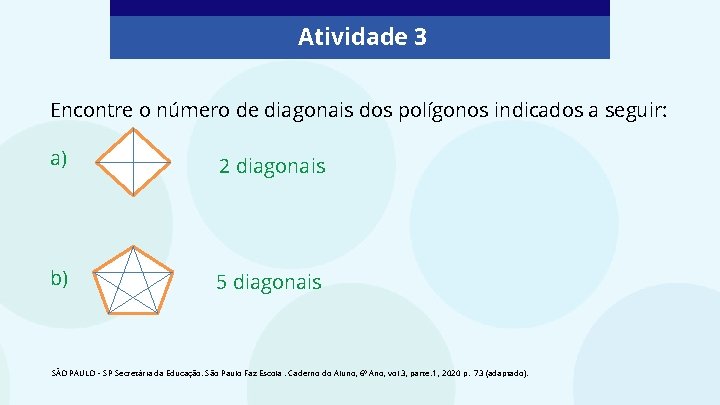Atividade 3 Encontre o número de diagonais dos polígonos indicados a seguir: a) 2 Atividade 3 Encontre o número de diagonais dos polígonos indicados a seguir: a) 2