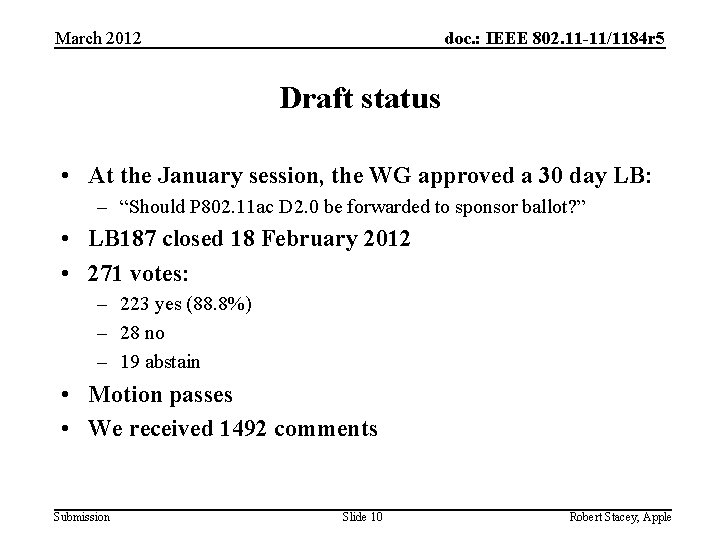 March 2012 doc. : IEEE 802. 11 -11/1184 r 5 Draft status • At