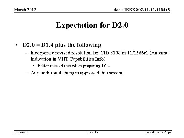March 2012 doc. : IEEE 802. 11 -11/1184 r 5 Expectation for D 2. March 2012 doc. : IEEE 802. 11 -11/1184 r 5 Expectation for D 2.