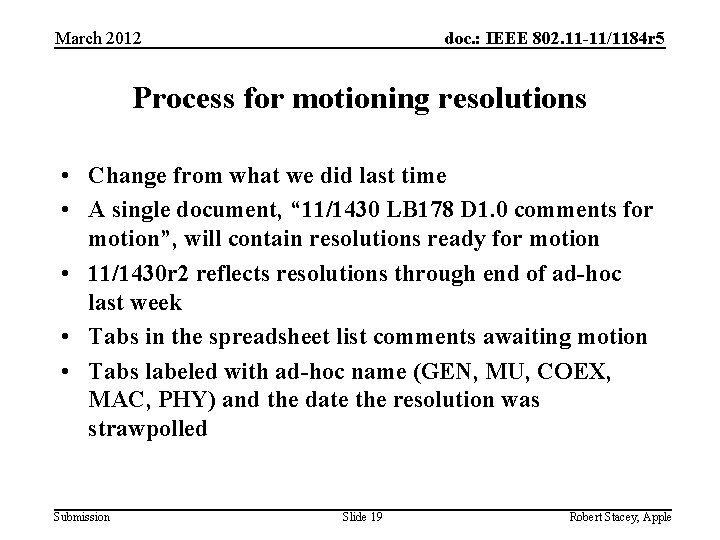 March 2012 doc. : IEEE 802. 11 -11/1184 r 5 Process for motioning resolutions