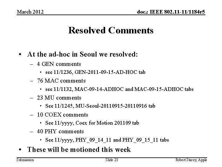 March 2012 doc. : IEEE 802. 11 -11/1184 r 5 Resolved Comments • At March 2012 doc. : IEEE 802. 11 -11/1184 r 5 Resolved Comments • At
