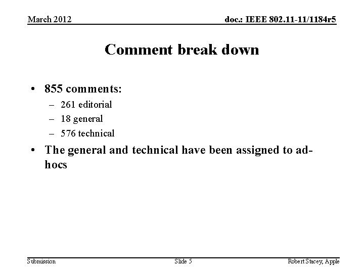 March 2012 doc. : IEEE 802. 11 -11/1184 r 5 Comment break down • March 2012 doc. : IEEE 802. 11 -11/1184 r 5 Comment break down •