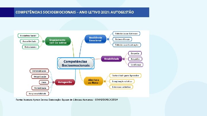 COMPETÊNCIAS SOCIOEMOCIONAIS – ANO LETIVO 2021: AUTOGESTÃO Fonte: Instituto Ayrton Senna. Elaboração: Equipe de