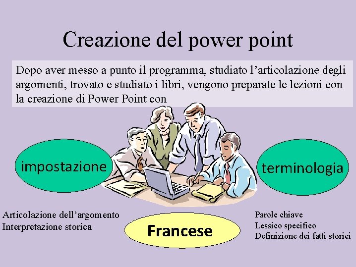 Creazione del power point Dopo aver messo a punto il programma, studiato l’articolazione degli