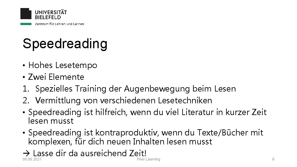 Speedreading • Hohes Lesetempo • Zwei Elemente 1. Spezielles Training der Augenbewegung beim Lesen