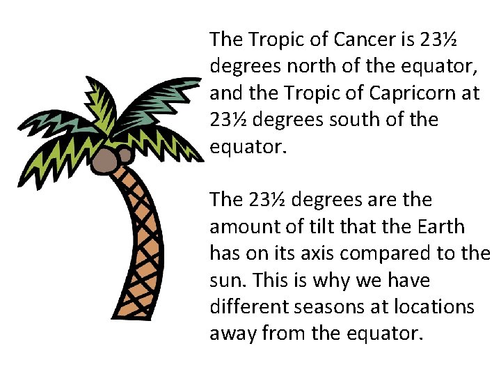 The Tropic of Cancer is 23½ degrees north of the equator, and the Tropic
