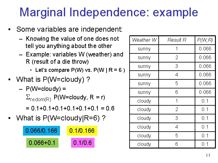 Marginal Independence: example • Some variables are independent: – Knowing the value of one