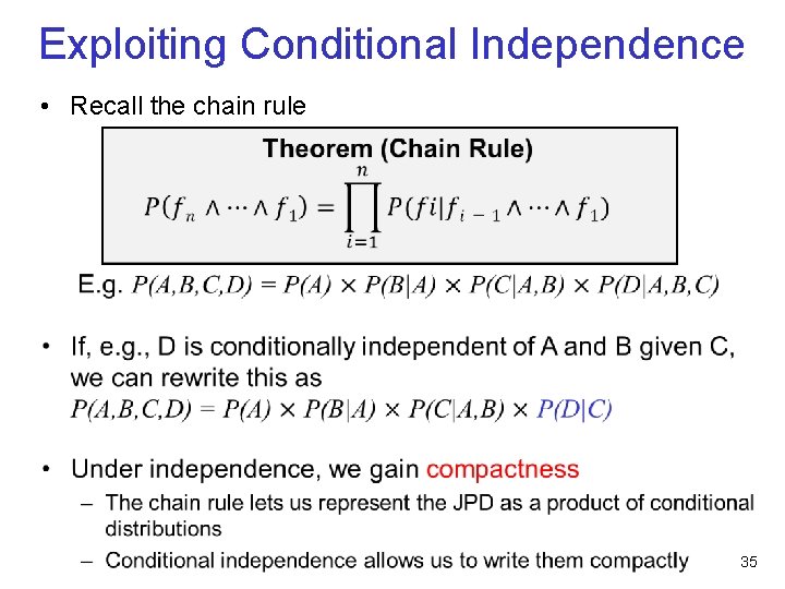 Exploiting Conditional Independence • Recall the chain rule 35 