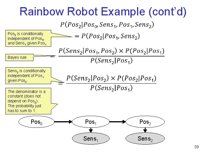 Rainbow Robot Example (cont’d) • Pos 2 is conditionally independent of Pos 0 and