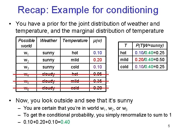 Recap: Example for conditioning • You have a prior for the joint distribution of